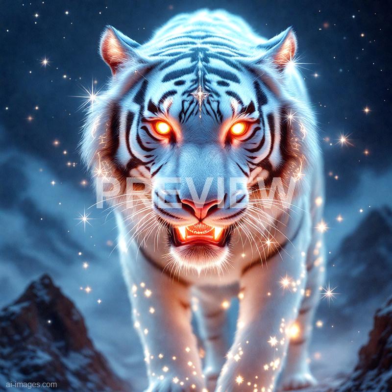 A fierce-looking white tiger with striking black stripes is depicted in a surreal, glowing scene. Its eyes are blazing with an intense orange glow, and its mouth is open, revealing sharp teeth. The background features a dark, night sky filled with stars, with the tiger surrounded by sparkling light effects that enhance its supernatural and powerful appearance.